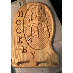 Wood Carved Hockey Plaque Peg Hanger Wall Mounted Hand carved